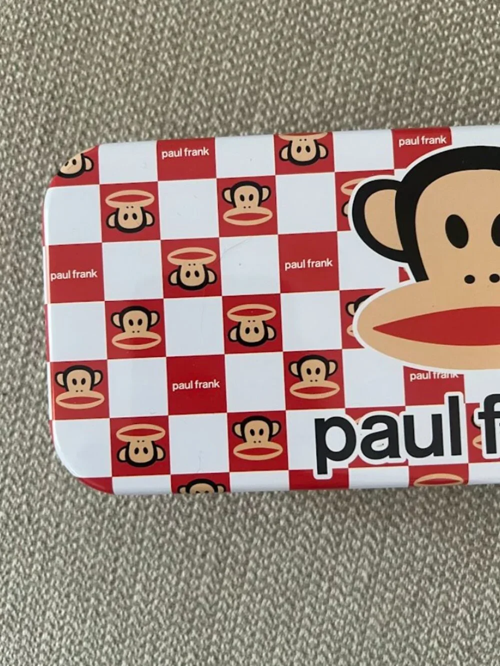 Paul Frank Red Black Checkered Monkey Metal Tin Pencil Case